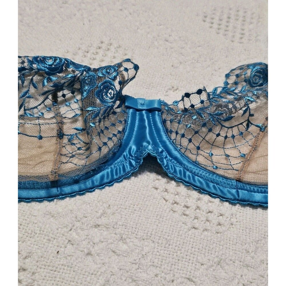 Dita Von Teese Julie's Roses Underwire Bra Blue Turquoise Sheer Floral Lace 34DD - Picture 6 of 12